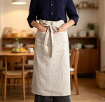 Linen Bib Apron — Buttoned Pocket, Half-Length Style - Image 2