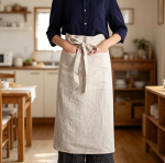 Linen Bib Apron — Buttoned Pocket, Half-Length Style