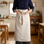 Linen Bib Apron — Buttoned Pocket, Half-Length Style