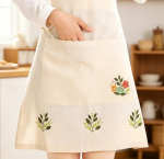 Linen Embroidered Tea Apron — For Housework, With Pockets
