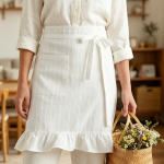 Linen Ruffled Apron — Floral Pattern, Waiter Style