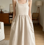Linen Cross-Back Halter Apron with Pocket