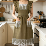 Vintage-Style Linen Ruffled Apron with Lace-Trimmed Pocket - Image 2