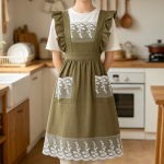 Vintage-Style Linen Ruffled Apron with Lace-Trimmed Pocket