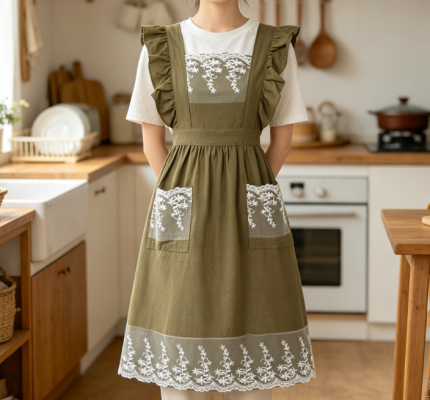 Vintage-Style Linen Ruffled Apron with Lace-Trimmed Pocket